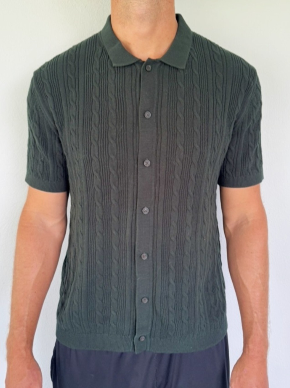 Old Navy dark green cable knit cotton short sleeve button up sweater size large